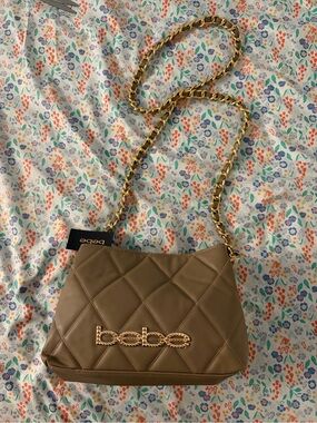bebe Quilted Shoulder Bag in Taupe with Gold Chain